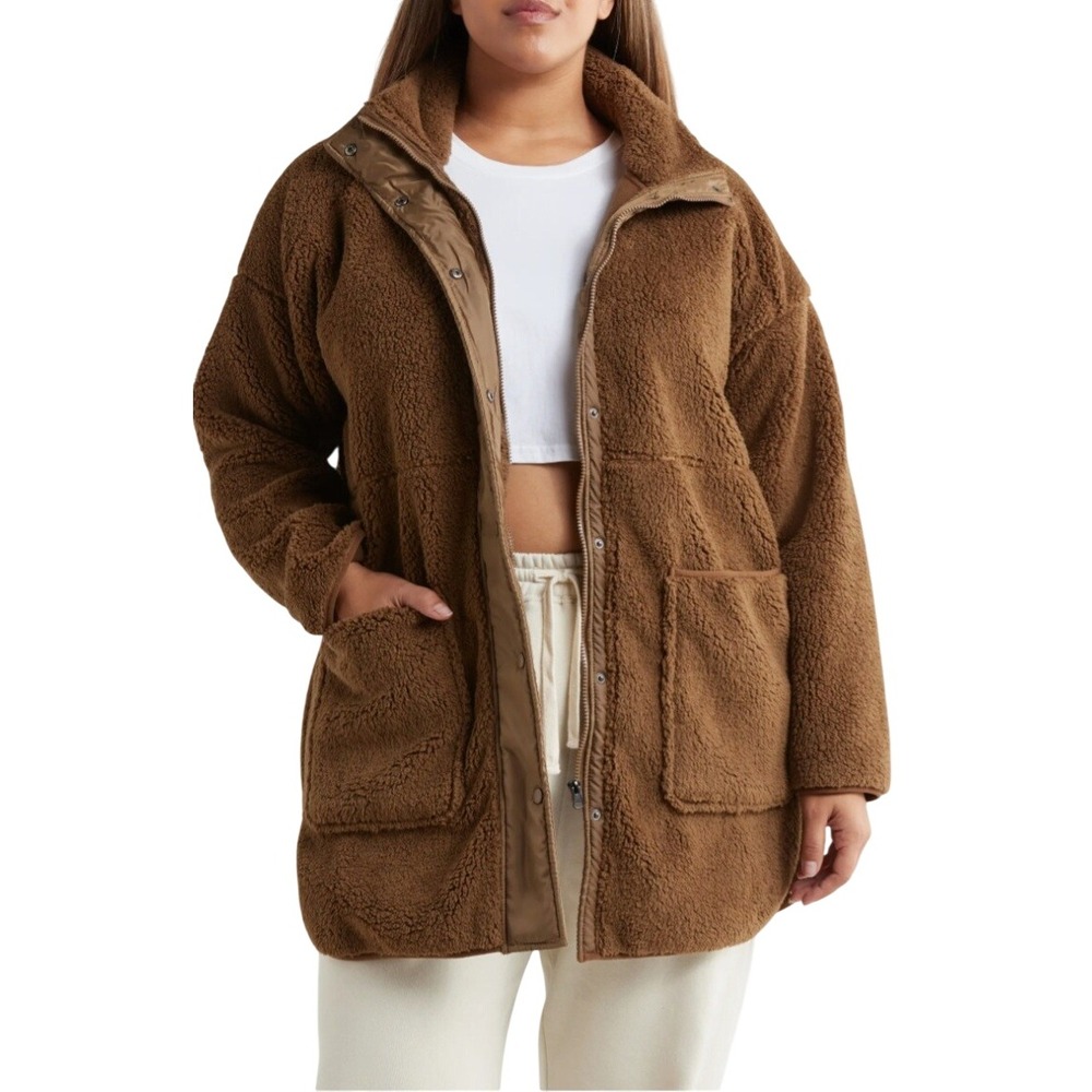 Zella chocolate Brown High Pile Fleece Zip Front Teddy Jacket Coat Women Medium